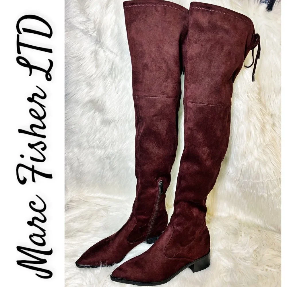 MARC FISHER LTD Yuna Burgundy Red Over the Knee Faux Suede Boot, Size 6M‎